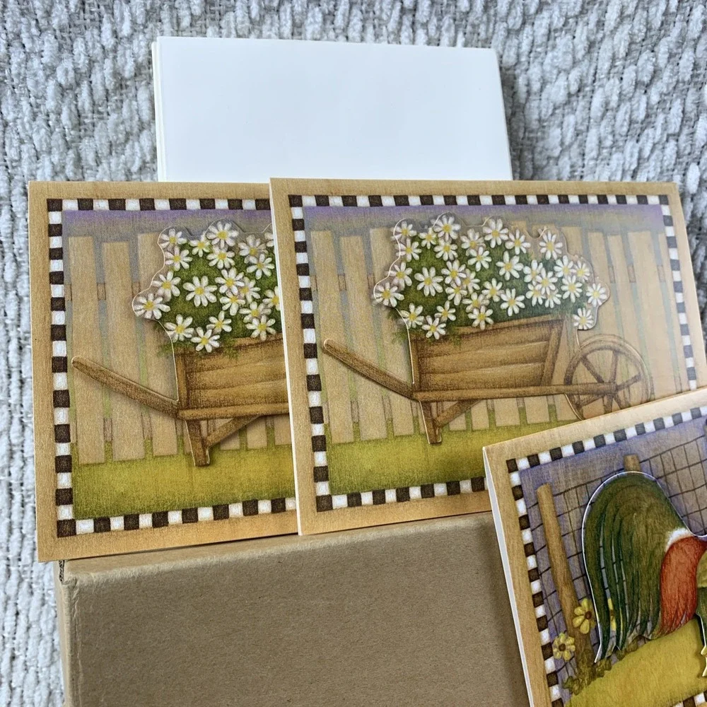 VTG 2003‎ BETH LOGAN Wooden Box With 3D Notecards Farm Cow Barn Rooster Daisies